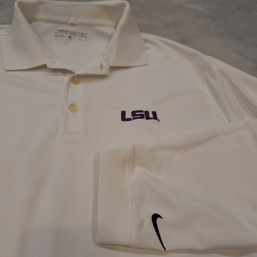 Nike Golf Polo Mens XL White LSU Tigers Long Sleeve Dri-FIT Shirt NCAA Football
